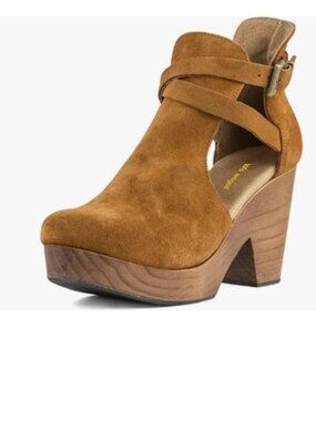 Brown Suede Platform Round Toe Cutout Strap Buckle Cork Block Heels Ankle Boots
